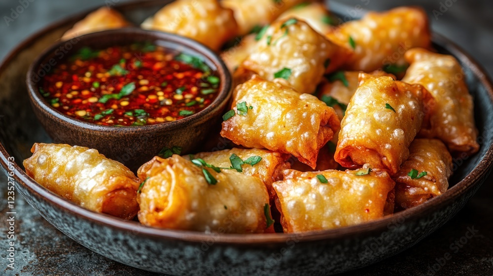 Crispy Fried Spring Rolls, Spicy Dip, Dark Table, Food Blog Crispy Fried Spring Rolls, Spicy Dip, Dark Table, Food Blog