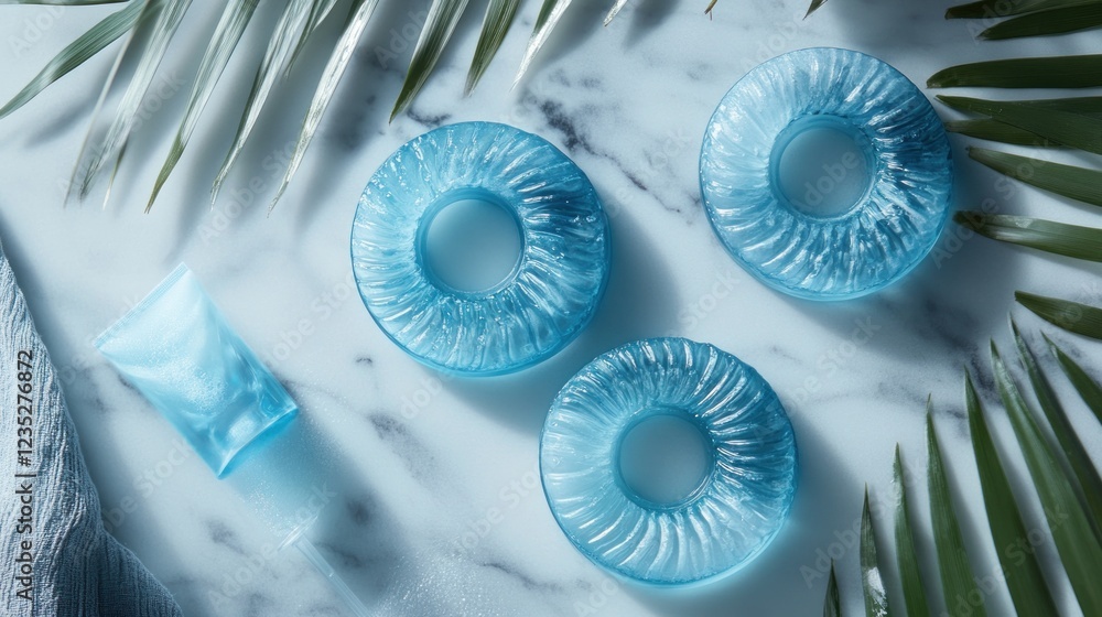 Obraz premium Three Blue Circular Soaps With Tropical Leaves And Lotion