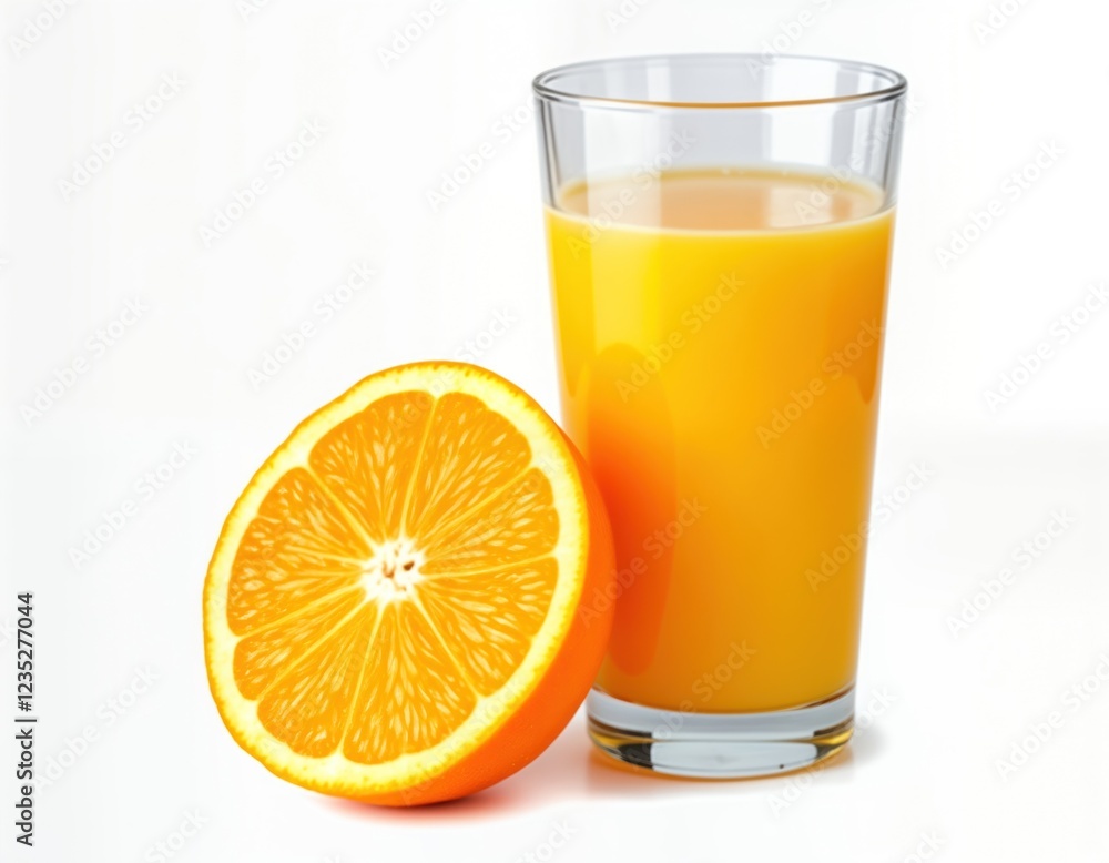Fresh orange juice in transparent glass, orange slice in studio setting. Healthy drink, fruit displayed. Juicy citrus fruit, refreshing beverage isolated on white background. Close-up shot of fresh Fresh orange juice in transparent glass, orange slice in studio setting. Healthy drink, fruit displayed. Juicy citrus fruit, refreshing beverage isolated on white background. Close-up shot of fresh