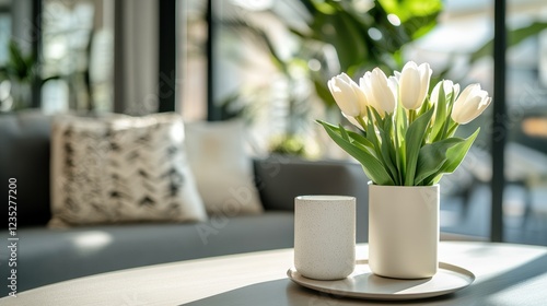 Wallpaper Mural Vase of fresh tulips on the coffee table with blurred background. Free copy space Torontodigital.ca