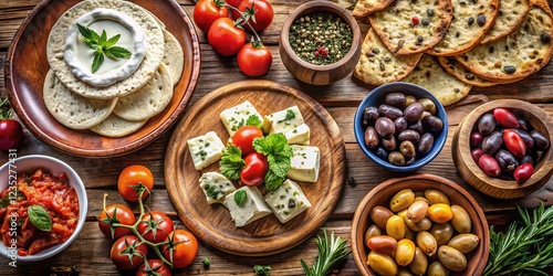 Delicious Greek Food Platter with Ancient Drachma Coins photo