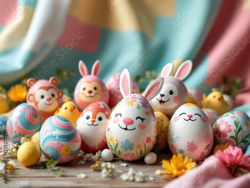 Cheerful Easter scene with decorated eggs, bunny and chick figurines on a wooden surface photo