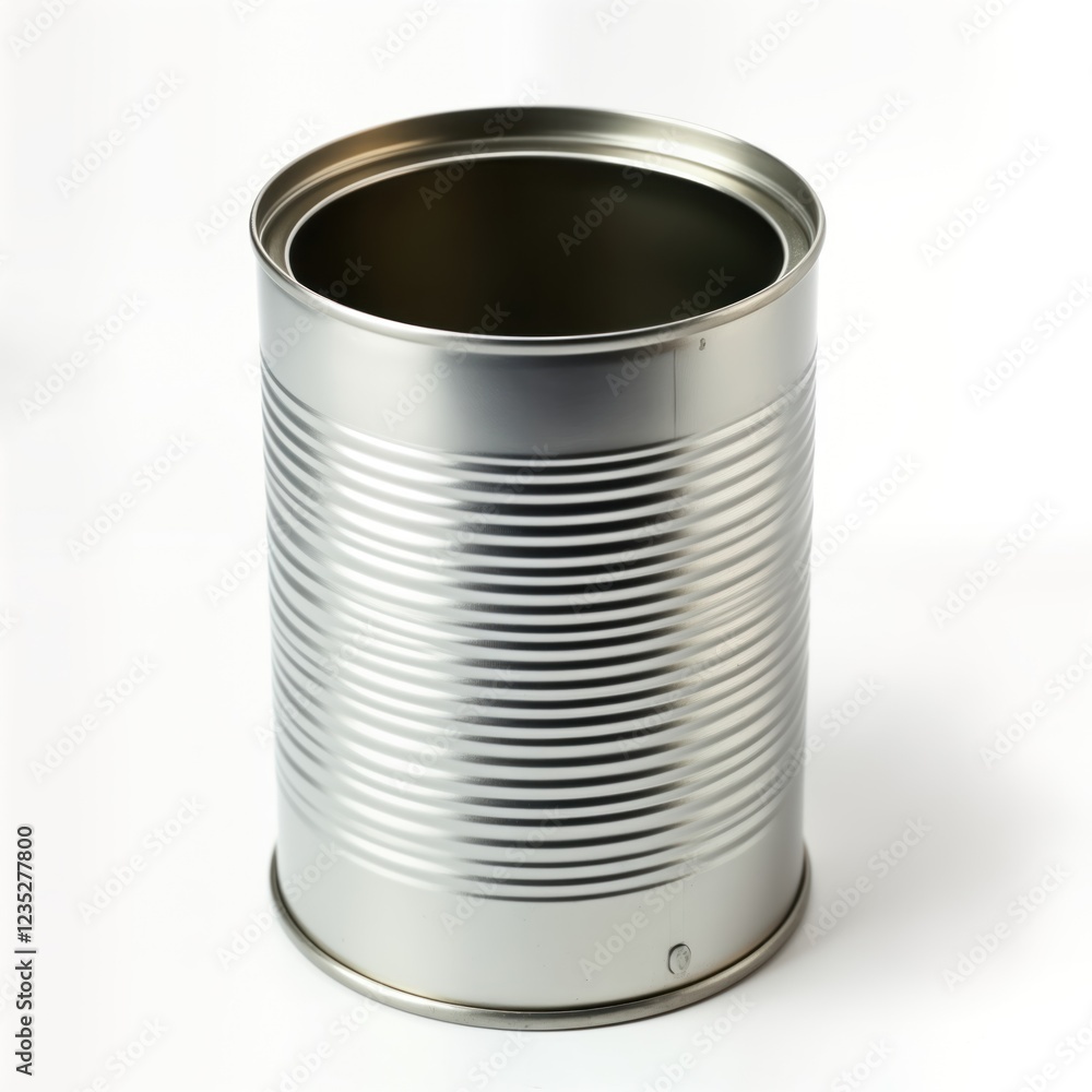 Empty metal tin on white background. Food preservation container. Isolated cylinder shape object. Durable, recyclable metal. Blank surface for label. Modern packaging design. Perfect for packaging, Empty metal tin on white background. Food preservation container. Isolated cylinder shape object. Durable, recyclable metal. Blank surface for label. Modern packaging design. Perfect for packaging,