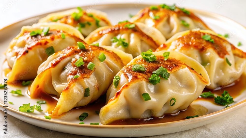 Delicious Pan-Fried Gyoza Dumplings with Dipping Sauce - Isolated Stock Photo Delicious Pan-Fried Gyoza Dumplings with Dipping Sauce - Isolated Stock Photo