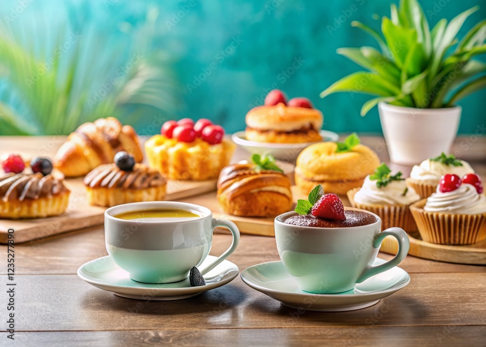 Fototapeta premium Delicious pastries and coffee on a modern workspace, gradient background, business workshop concept
