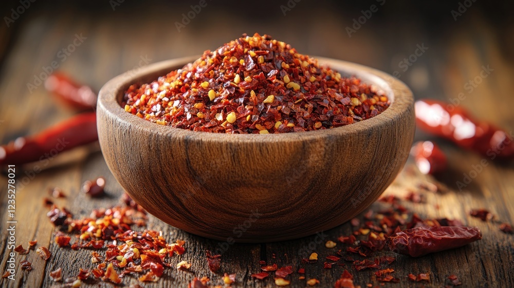 Crushed red pepper flakes in bowl, wooden table Crushed red pepper flakes in bowl, wooden table