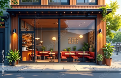 Wallpaper Mural Stylish cafe facade with large windows. Contemporary design with modern architecture. Red seating areas, tables visible inside. Urban setting. Daylight fills cafe. Plants add trendy ambiance. Torontodigital.ca