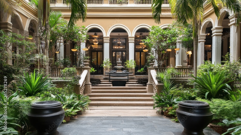 Naklejka premium Luxurious Courtyard Garden With Stone Steps And Fountain