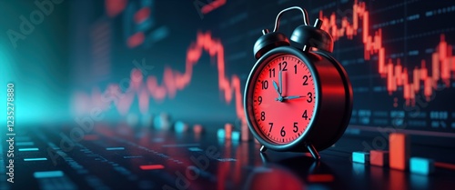 Digital clock sits on stock market data screen. Financial trading time concept. Red, blue market trends visible on background display. Real-time data analysis. Financial decision-making process. photo