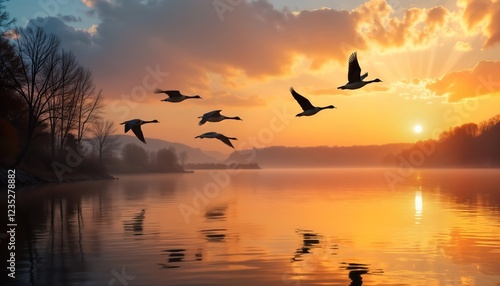 Fototapeta Naklejka Na Ścianę i Meble -  Wild geese fly in V-formation over calm lake at sunset. Autumn colors paint sky, landscape. Birds symbolize migration south. Beautiful nature scene. Tranquil lake reflects golden light of setting