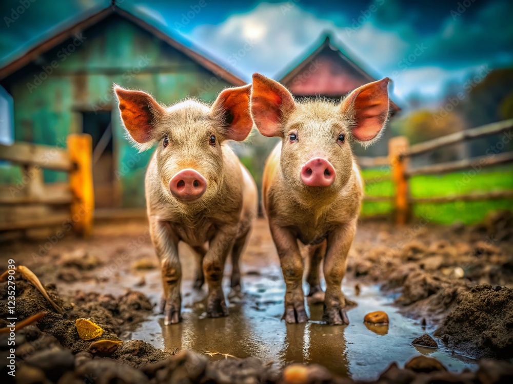 Dirty Pigs in Mud with Tilt-Shift Effect Dirty Pigs in Mud with Tilt-Shift Effect