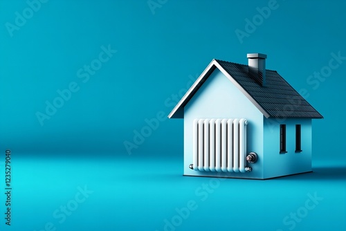 Small house model with a heating radiator attached, representing home heating, energy efficiency, and winter warmth on a blue background photo