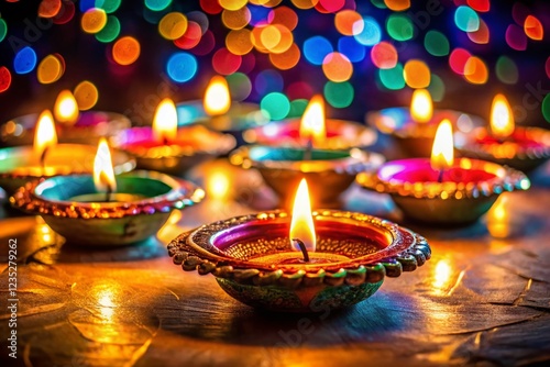 Diwali Festive Lights: Long Exposure of Colorful Lamps & Flames photo