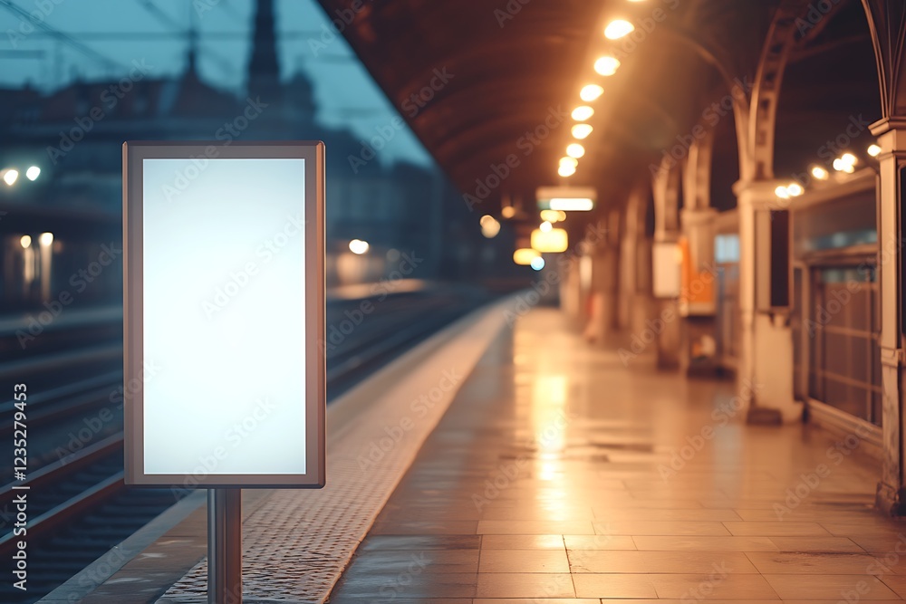 A quiet train station platform at dusk, featuring an empty advertisement board. A quiet train station platform at dusk, featuring an empty advertisement board.