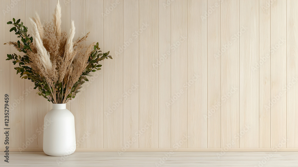 Fototapeta premium White ceramic vase filled with dried pampas grass and green leaves stands on a wooden table against a light wood paneled wall.