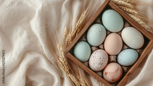 Easter eggs with pastel colors in a wooden box