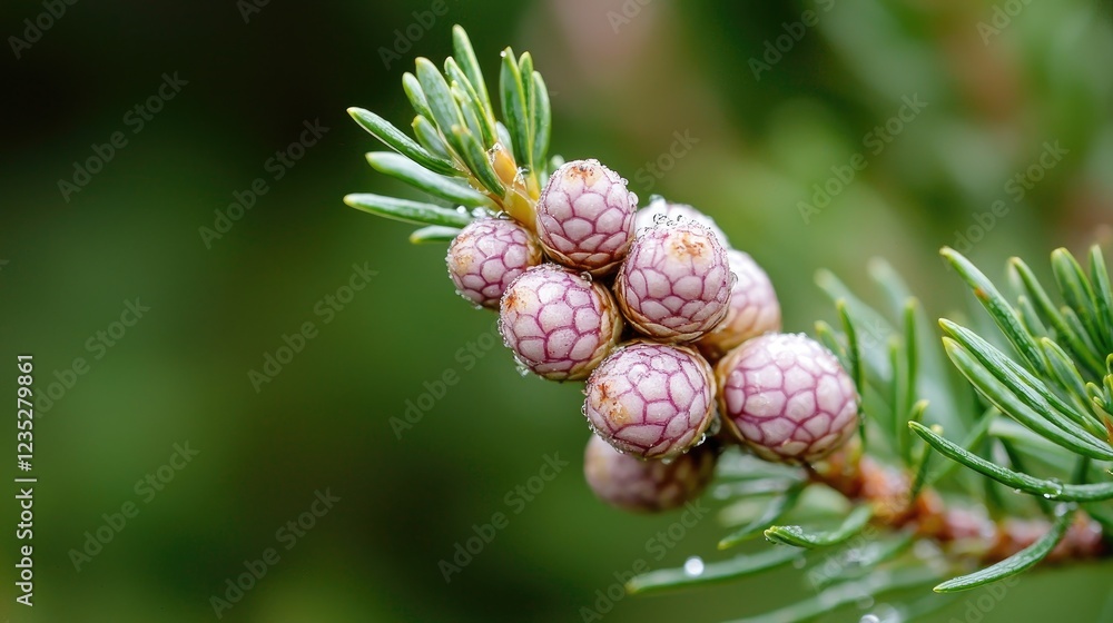 Pink pine cones on branch, forest background, nature photography, website design Pink pine cones on branch, forest background, nature photography, website design