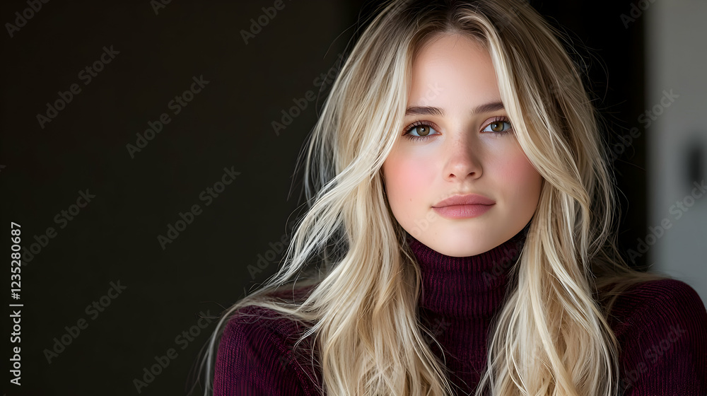 Blonde woman portrait, turtleneck, indoor, dark background, beauty Blonde woman portrait, turtleneck, indoor, dark background, beauty