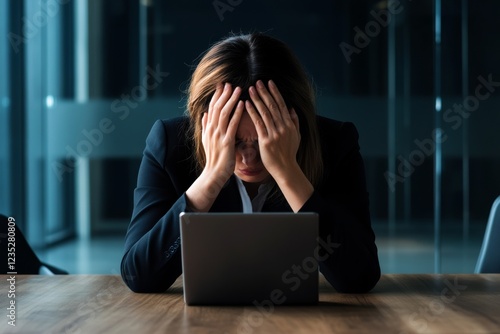 Frustrated businesswoman sitting at a desk with her head in her hands, struggling with stress, burnout, or work-related problems photo