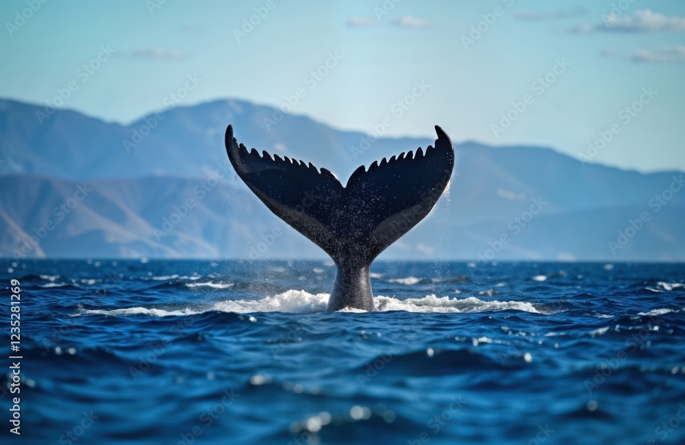 Fototapeta premium Humpback whale tail slaps water surface. Ocean scene shows whale tail in water. Sunny day in Queensland Australia. Wildlife encounter. Whale behavior. Ocean depths. Oceanic wildlife. Nature photo.