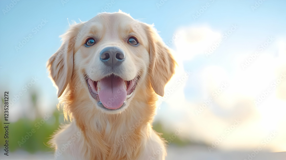 Obraz premium Happy golden retriever puppy smiling and looking directly at the camera outdoors on a sunny day.