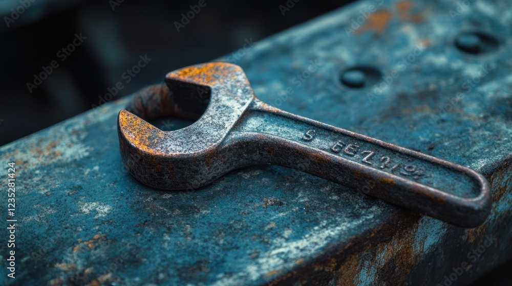 Rusty Wrench Resting on a Weathered Metal Surface Rusty Wrench Resting on a Weathered Metal Surface