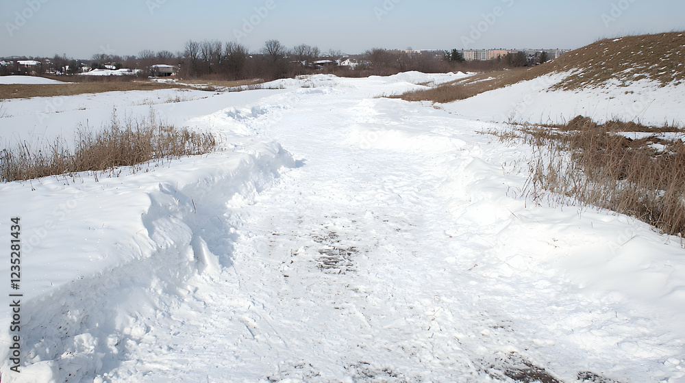 Snowy path through winter field, houses distant Snowy path through winter field, houses distant