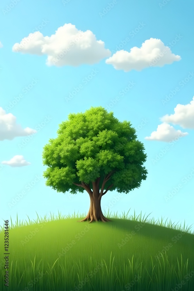 Lush green tree on sunny hill with blue sky and fluffy clouds Lush green tree on sunny hill with blue sky and fluffy clouds