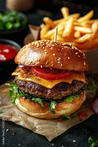 Gourmet cheeseburger with fresh lettuce, tomato, melted cheese, and a juicy beef patty on a toasted sesame bun, served with crispy fries and dipping sauces photo