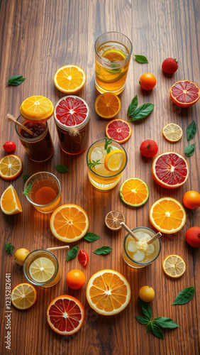 Cocktail ingredients arranged in a pattern on a wooden table,  nature,  beverages,  herbal photo