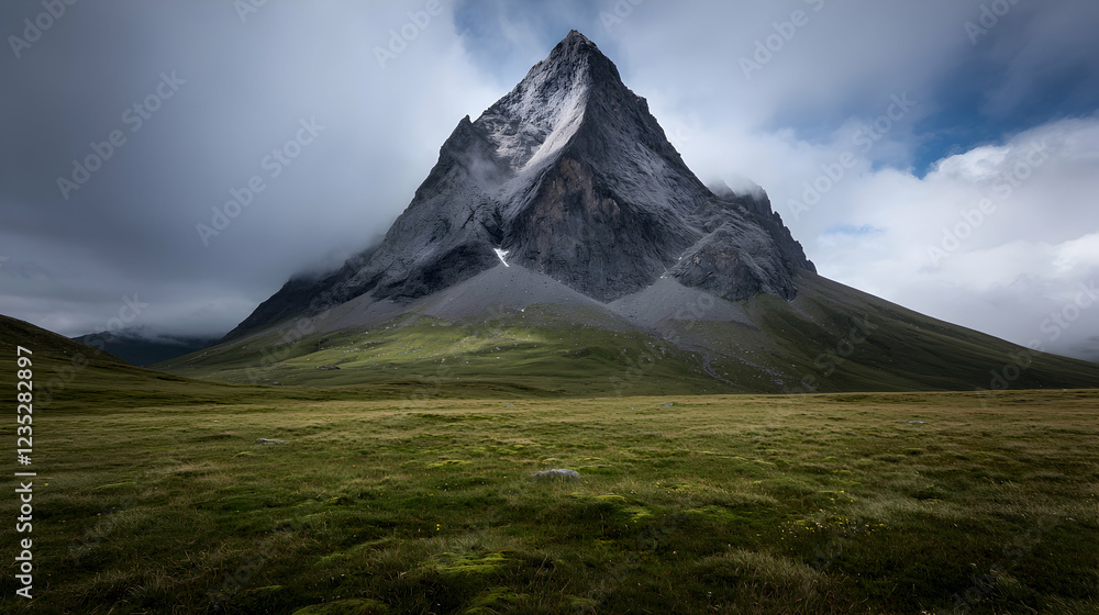Fototapeta premium Majestic mountain peak, clouds, valley, green meadow, nature photography