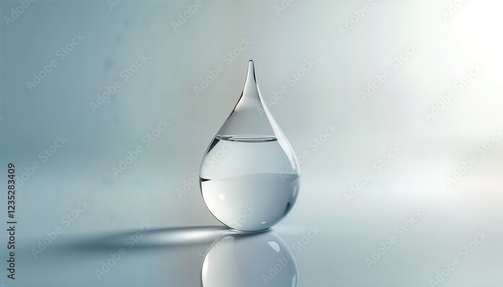 Fototapeta premium Clear water drop sits on white surface. Drop creates soft shadow. Pure liquid droplet. Simple design. Minimalist style. Abstract macro view. Focus on beauty, health. Represents nature element. Ideal