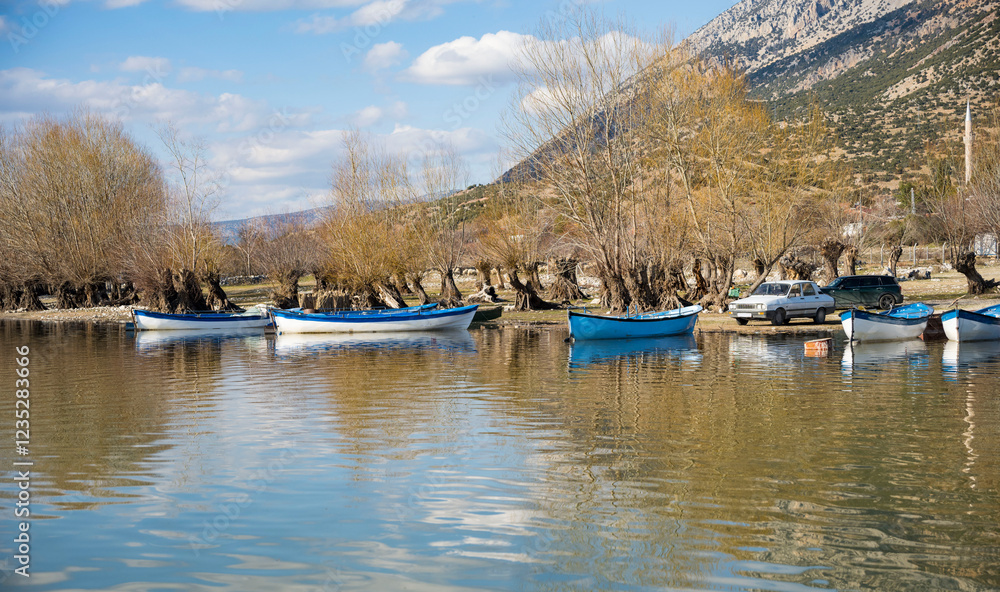 Fototapeta premium Decorated day-trip boats in Isikli Lake in Denizli's Civril district. Isıkli Lake is flooded with visitors during lotus time. It is also a popular lake for hunters.