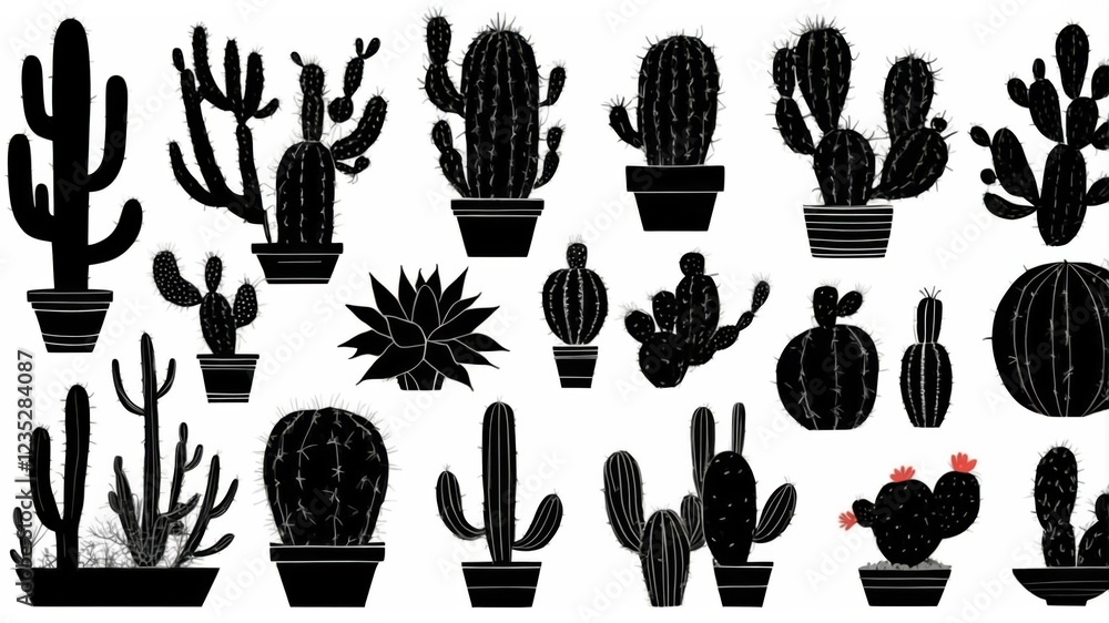 Fototapeta premium A collection of various cacti and succulents, potted and displayed in silhouette against a white background. These desert plants show a variety of shapes and sizes.