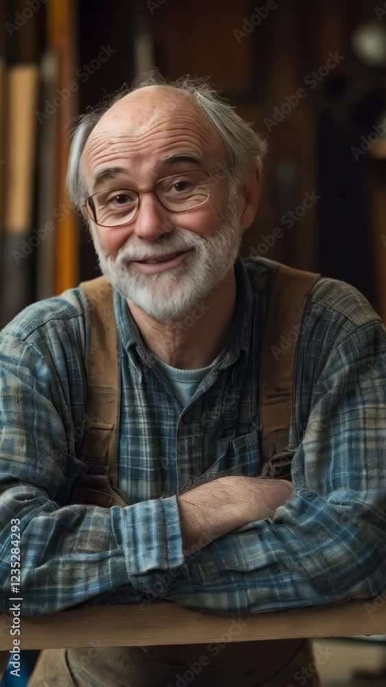 Elderly craftsman expressing joyful connection in a rustic workshop setting Elderly craftsman expressing joyful connection in a rustic workshop setting
