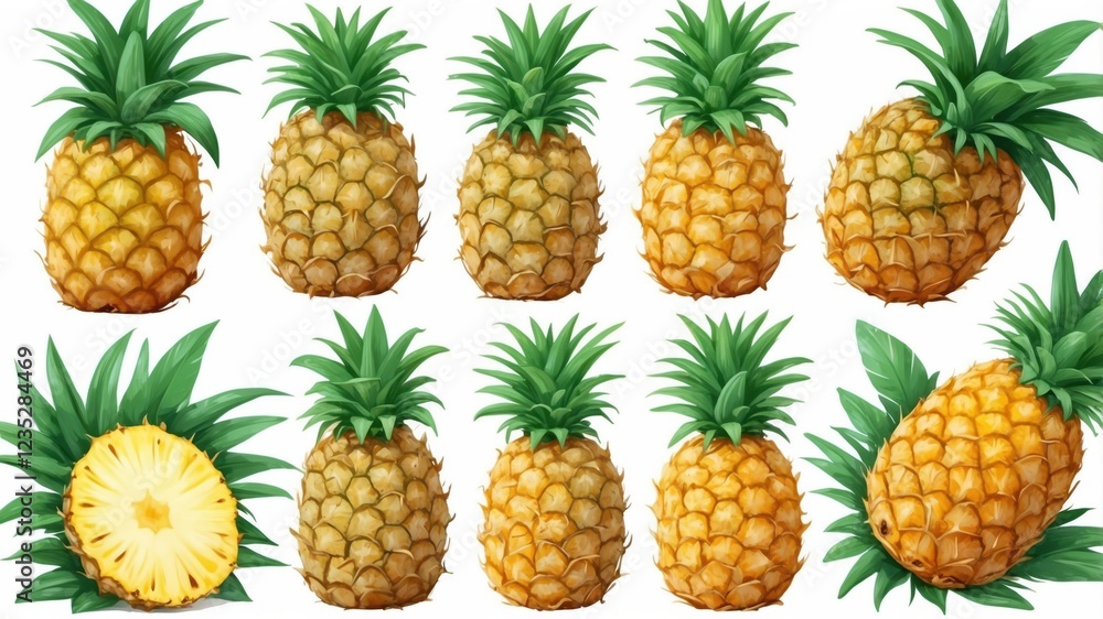 A vibrant collection of pineapples, showcasing their unique textures and colors. Whole fruits and a cross-section are displayed against a white background. A vibrant collection of pineapples, showcasing their unique textures and colors. Whole fruits and a cross-section are displayed against a white background.