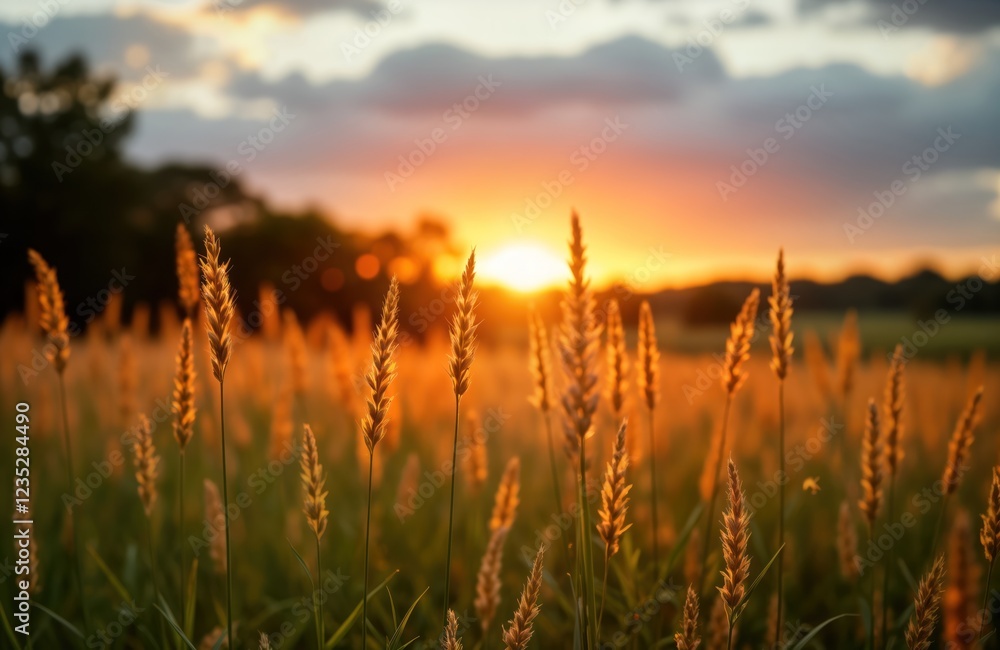 Fototapeta premium Golden grasses in regenerative pasture at sunset. Sunlight bathes native plants. Rural landscape in Australia. Healthy growth. Beautiful countryside scene. Sustainable farming. Carbon sequestration.