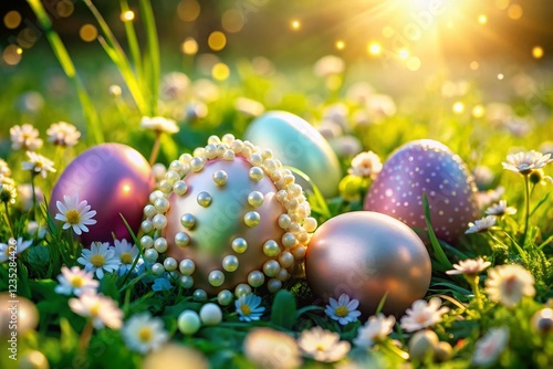 Elegant Easter Eggs Decor: Pearl-Studded Eggs in Spring Landscape