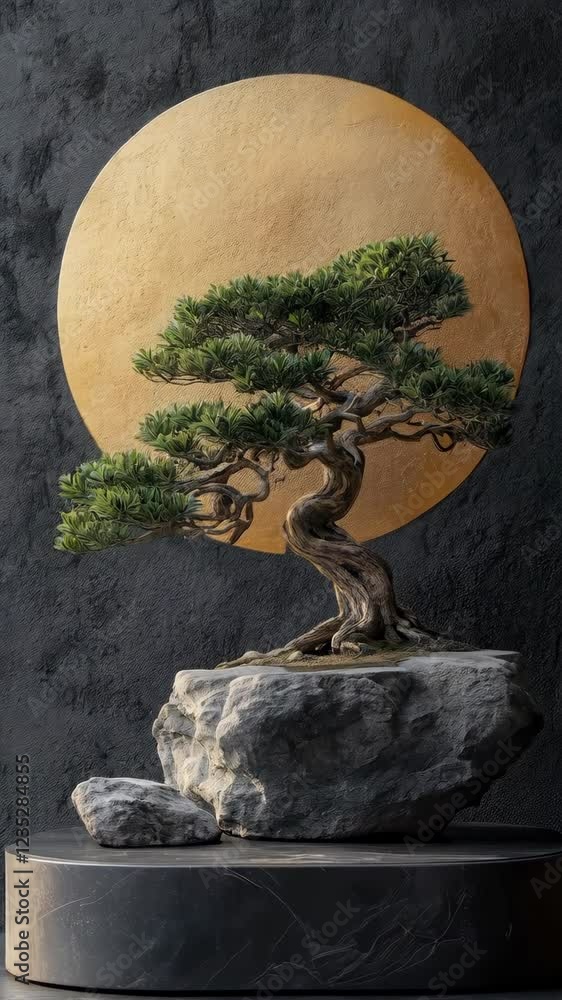 Serene bonsai transformation against golden moon backdrop Serene bonsai transformation against golden moon backdrop