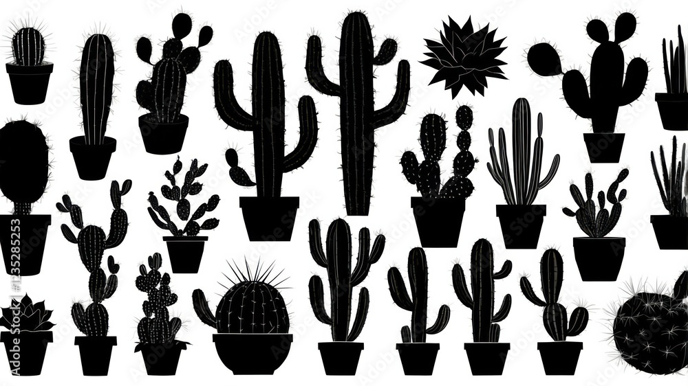 Fototapeta premium A diverse collection of cacti and succulents in pots, showcasing various shapes, sizes, and species of desert plants.