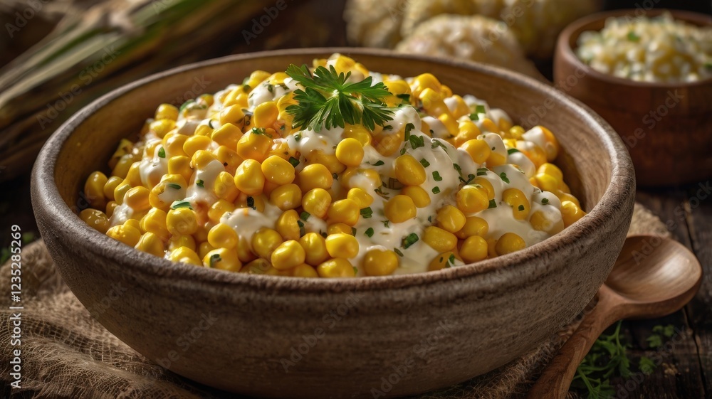 Close-Up Horizontal Shot of Homemade Slow Cooker Creamed Corn in Rustic Ceramic Bowl on Wooden Table Close-Up Horizontal Shot of Homemade Slow Cooker Creamed Corn in Rustic Ceramic Bowl on Wooden Table