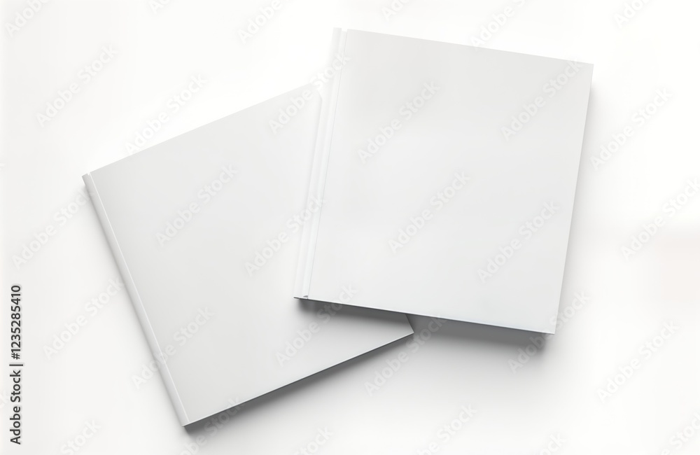 Two blank square brochures lie atop on white surface. Brochures white, empty space for printing design. Design mockup offers versatility for varied uses. Empty brochures offer possibility for Two blank square brochures lie atop on white surface. Brochures white, empty space for printing design. Design mockup offers versatility for varied uses. Empty brochures offer possibility for