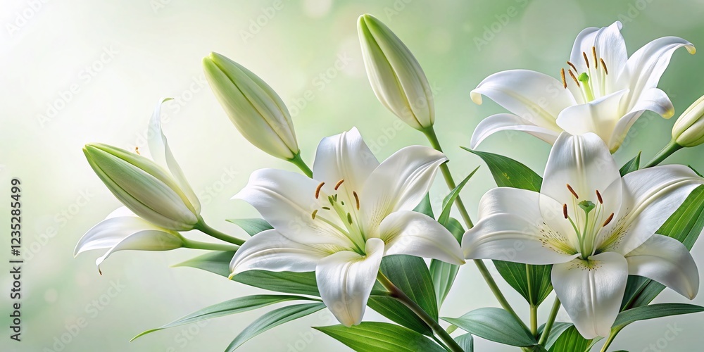 Fototapeta premium Elegant White Lily Floral Pattern, Soft Green Leaves - Minimalist Botanical Stock Photo