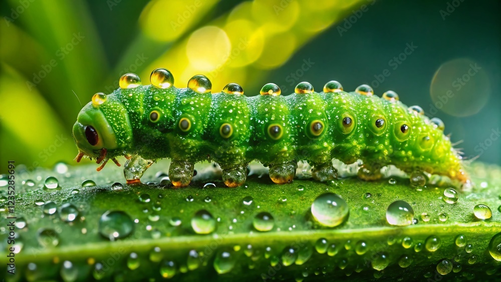 Emerald Caterpillar Macro: Dew-Covered Insect on Green Leaf Emerald Caterpillar Macro: Dew-Covered Insect on Green Leaf
