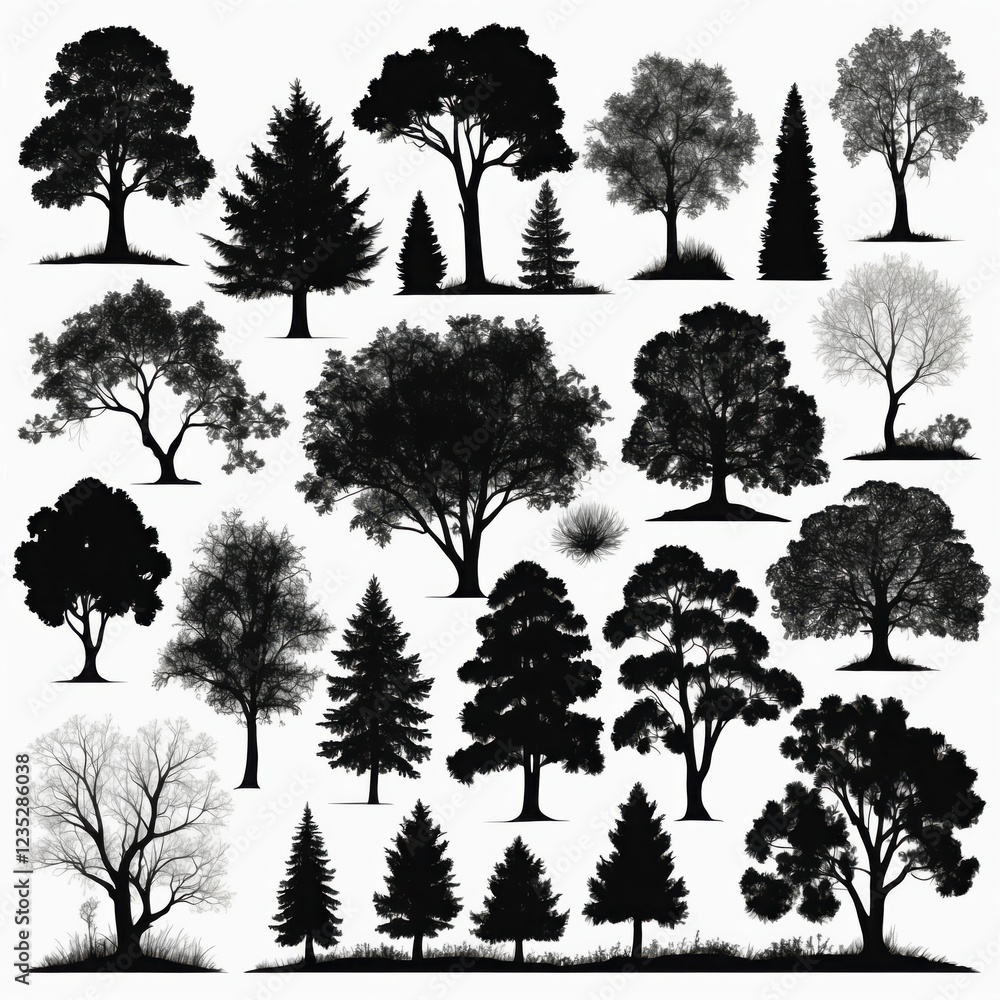 Fototapeta premium A collection of diverse tree silhouettes, showcasing various species and sizes, ideal for design projects needing natural elements.
