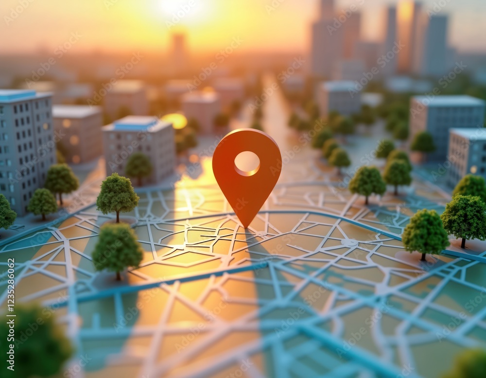 City map concept shows location pin. Business location pinpoint on map. 3D rendering of detailed street layout, buildings. Orange pin points business on city map. Trees, buildings part of scene.