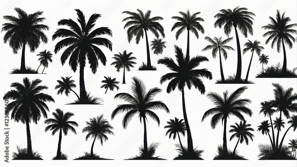 A collection of silhouetted palm trees of varying sizes, arranged against a white background. These tropical silhouettes evoke a sense of paradise and relaxation. A collection of silhouetted palm trees of varying sizes, arranged against a white background. These tropical silhouettes evoke a sense of paradise and relaxation.