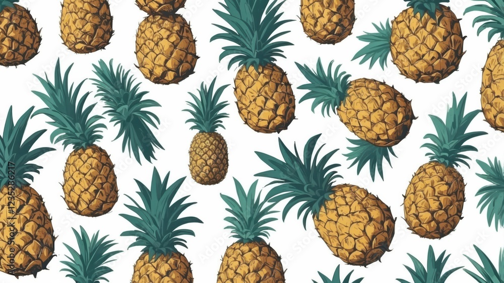 A vibrant pattern of pineapples, showcasing their golden hues and lush green tops against a white background. A vibrant pattern of pineapples, showcasing their golden hues and lush green tops against a white background.
