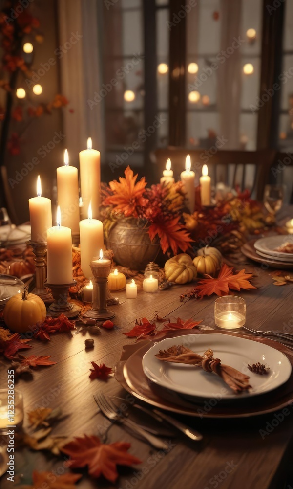 Cozy fall leaves and candles around a candlelit dinner table , Wooden utensils, Plaid tablecloth Cozy fall leaves and candles around a candlelit dinner table , Wooden utensils, Plaid tablecloth