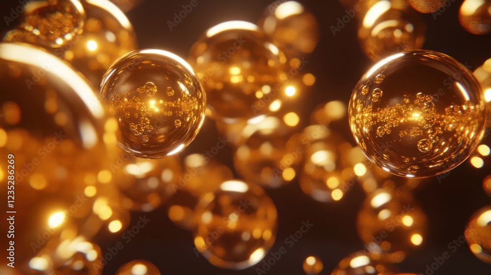 Golden Spheres Floating in Amber Liquid Background Golden Spheres Floating in Amber Liquid Background